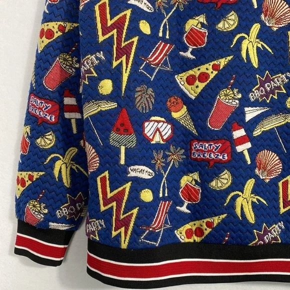 Zara Men’s Jacquard Blue Junk Food Graphic Bomber Jacket size large